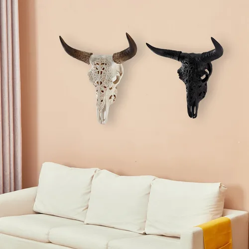 Miniatura 6 de OTARTU Escultura para colgar en la pared, diseño tribal negro, diseño tallado con calavera de buey de 19 pulgadas, arte de decoración de pared