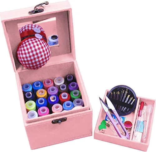 Kits de costura de 2 capas con caja vintage, accesorios de costura, kits de suministros para adultos, niños, principiantes, cesta de costura de Rosa