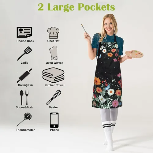 Miniatura 4 de ASPMIZ Delantal floral para adultos, delantal impermeable para mujer con 2 bolsillos, delantales de cocina de flores con correa ajustable