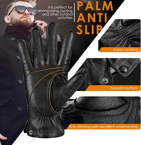 Miniatura 5 de Kalapa Guantes de piel de oveja genuina para hombre, guantes de invierno cálidos para pantalla táctil, guantes de motocicleta con forro de cachemira