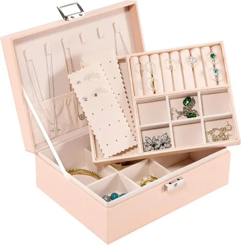 Allinside Joyero organizador para mujeres, adolescentes y niñas, 2 capas de piel sintética con cerradura, forro de terciopelo, opción de regalo de