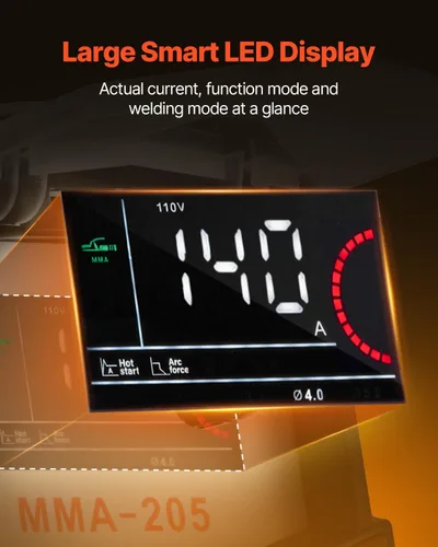 Miniatura 3 de VEVOR Soldador MMA, 205A 2 en 1 Soldador de varilla MMA Lift TIG, Soldador inversor IGBT de doble voltaje 110/220 V con pantalla digital, Fuerza