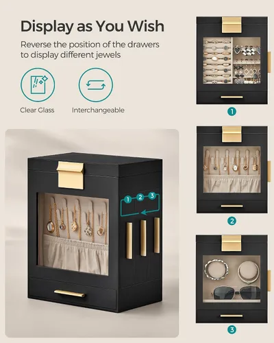 Miniatura 3 de SONGMICS Joyero con ventana de cristal, organizador de joyas de 5 capas con 3 cajones laterales, almacenamiento de joyas, con espejo grande
