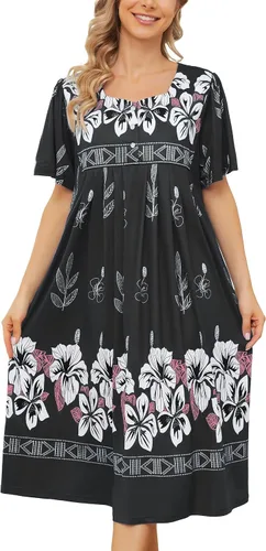 Bloggerlove Camisón hawaiano para mujer, vestido de casa hawaiano Muumuu con estampado de tumbona, vestido de patio con bolsillos Moomoo