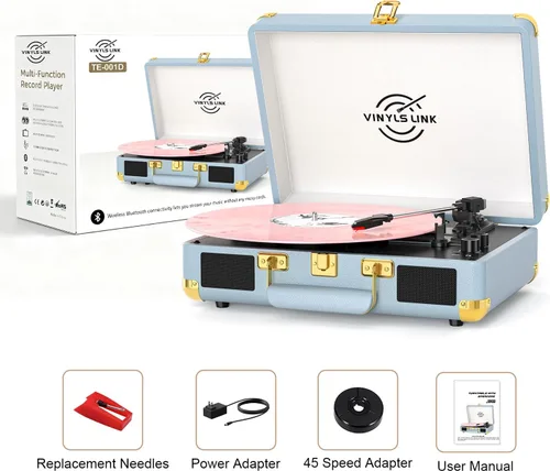 Miniatura 12 de VINYLSLINK Reproductor de discos de vinilo con Bluetooth, tocadiscos portátil de 3 velocidades con control de agudos y graves, altavoces estéreo Azul