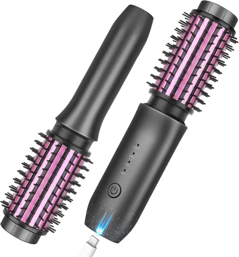 Cepillo de rizador inalámbrico, 2024, nuevo mini cepillo portátil de viaje para mujeres, 7000 mAh recargable por USB con iones negativos, gris