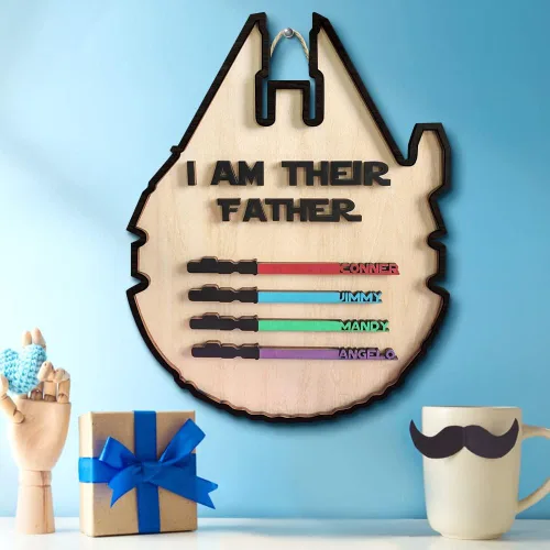 Miniatura 6 de Letreros de madera personalizados con nombres y sables de colores personalizados con texto en inglés "I AM THEIR THEIR Father", grabado con nombre