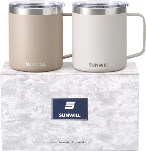 Miniatura 30 de SUNWILL - Taza de café de viaje con tapa, taza aislada con asa, taza de acero inoxidable de 14 oz para acampar, oficina, hogar, recubrimiento