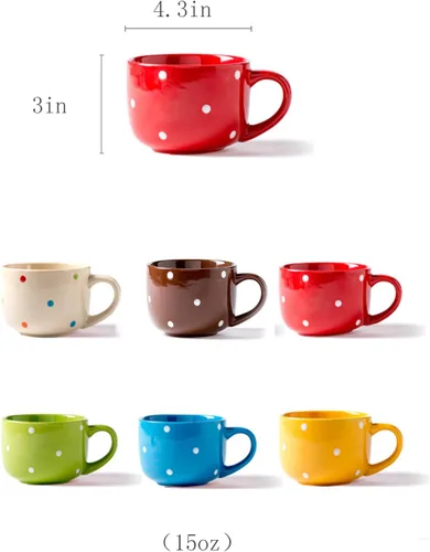 Miniatura 2 de CHOOLD Taza de café de cerámica con lunares, taza de té, tazas gigantes, cuenco de sopa con asa, 15 onzas Azul