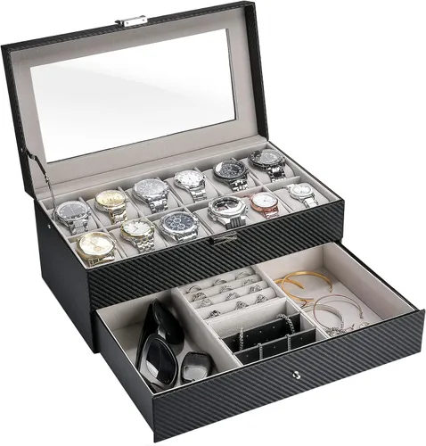 Caja de reloj con 12 ranuras para hombres, organizador de joyas para hombre, estuche de exhibición con cajón, cajas de almacenamiento de relojes de