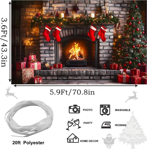 Miniatura 3 de Telón de fondo de chimenea de Navidad, 5.9 x 3.6 pies, medias de árbol de Navidad de invierno, regalos de fondo para niños, pancarta de fiesta