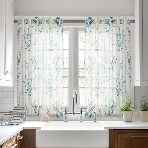Miniatura 18 de MYSKY HOME Cortinas florales de cocina de 24 pulgadas, cortinas de lino con patrón de flores de granja, bolsillo para barra de filtro de luz aireado