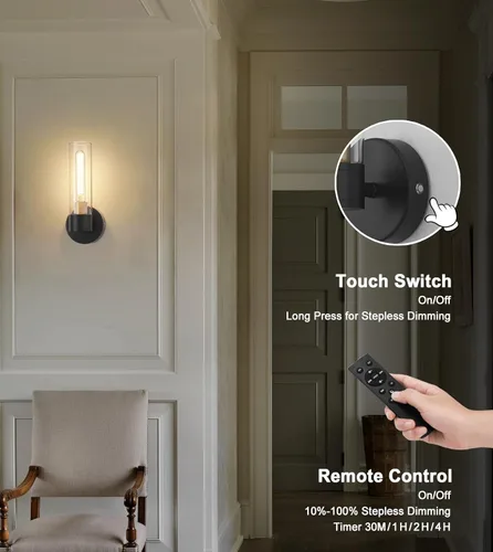 Miniatura 4 de Juego de 2 apliques de pared a pilas, luces de pared inalámbricas con control remoto, lámparas de pared regulables recargables para dormitorio