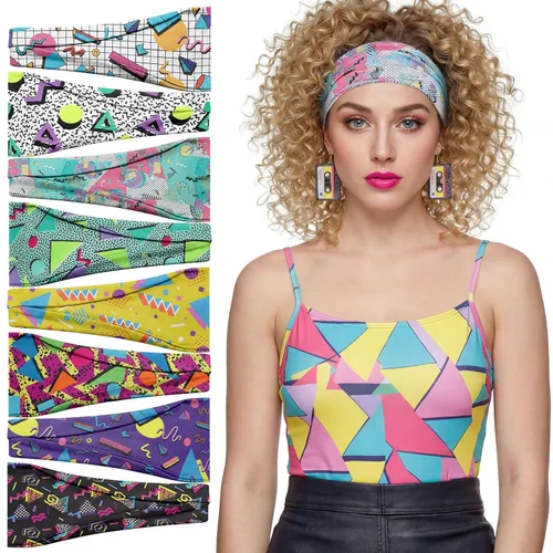 obeoby Paquete de 8 diademas de neón con estampado de los años 80 para rave, accesorios retro de los años 90, bandas deportivas para fiestas,