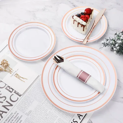 Miniatura 3 de BESTVIP Juego de vajilla de plástico color oro rosa de 350 piezas, platos de fiesta desechables para 50 invitados, incluye: 100 platos de plástico