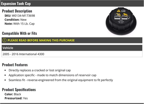 Marketplace Auto Parts Tapa del tanque de expansión de desbordamiento de refrigerante del radiador (tapa de 15 libras), compatible con International