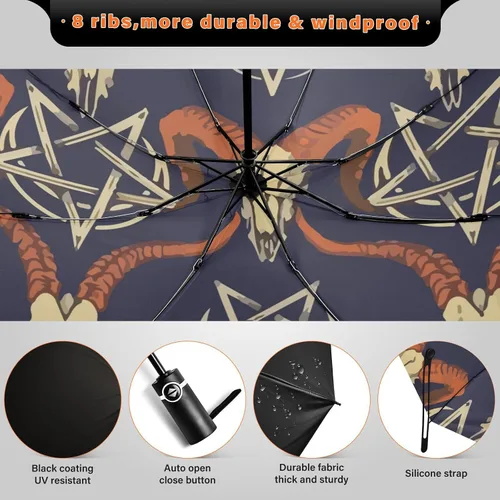 Miniatura 4 de UV Blocking Automatic Open Umbrella Satan-baphomet-sheep-head-demon Portable Travel Folding Umbrellas with Cover Bag