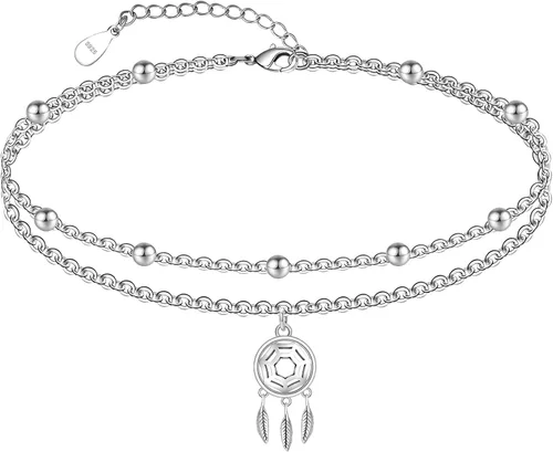 Miniatura 36 de CHIC & ARTSY Tobilleras delicadas de plata de ley S925 para verano, pulsera de tobillo ajustable multicapa para playa, joyería de pie para mujer