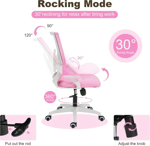 Miniatura 5 de Silla ergonómica de oficina con altura ajustable de malla, silla giratoria con brazos abatibles y soporte lumbar, color rosa