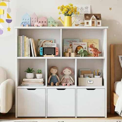 Teckid Organizador de almacenamiento de juguetes con 3 cajones móviles y 5 cubos abiertos, estantería para niños y armario de almacenamiento de