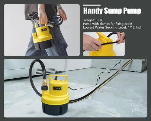 Miniatura 3 de Bomba sumergible de sumidero 1/4 HP 1500 GPH Bomba de agua termoplástica eléctrica portátil de transferencia con cable de 10 pies para piscina