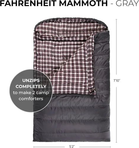 Miniatura 2 de Teton Mammoth - Saco de dormir doble tamaño Queen - Una bolsa cálida que toda la familia puede disfrutar, ideal para camping, caza y campamento Gris