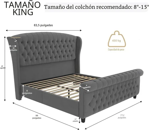 Miniatura 2 de AMERLIFE - Marco de cama tamaño King con plataforma, cama de estilo trineador tapizada en terciopelo con cabecero y pie de cama con alas onduladas