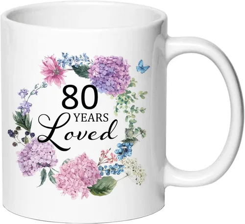 80 Years Loved - Taza de cerámica blanca con estampado de letras de 11 onzas, regalo de cumpleaños 80 para mujeres