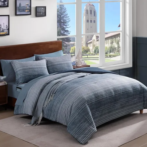 Miniatura 9 de AMBERSPACE Juego de edredón tamaño matrimonial, juego de ropa de cama a cuadros azul gris de 7 piezas para niños, niñas y adolescentes, juego