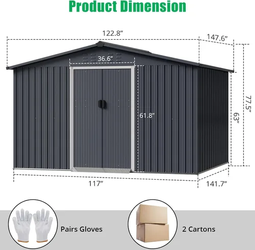 Miniatura 7 de Garvee Cobertizo de almacenamiento de metal de 10 x 12 pies con techo inclinado y puerta con cerradura, cobertizo de almacenamiento de herramientas
