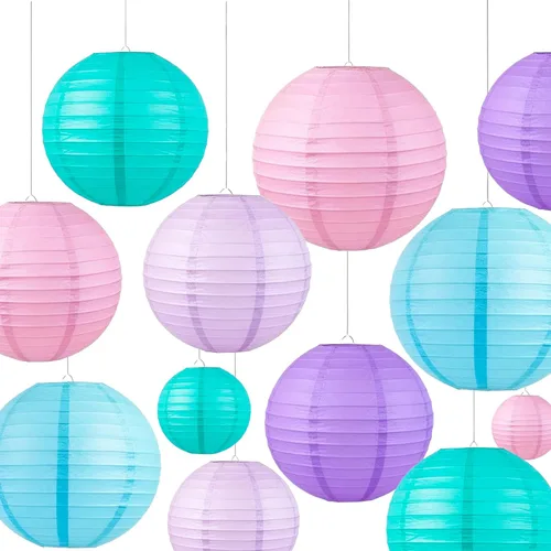 Juego de linternas de papel pastel (12 piezas) – 6/8/10 pulgadas, color rosa, morado, lavanda y azul, linternas de papel redondas colgantes para