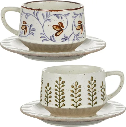 Miniatura 8 de LemonRoad Juego de tazas de té y platillo vintage, tazas de café de porcelana de 10 onzas con platillo para café con leche, moca, capuchino, tazas