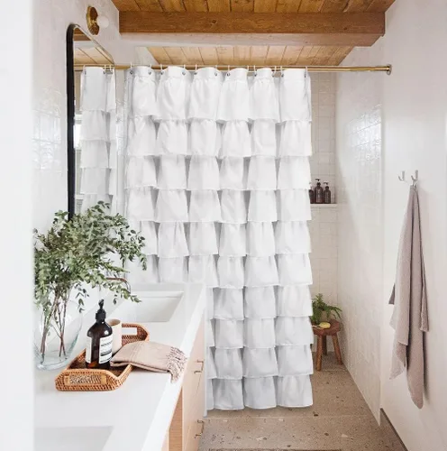 Miniatura 6 de Volens - Cortina de ducha de tela blanca con volantes para baño, 70 pulgadas de largo Blanco
