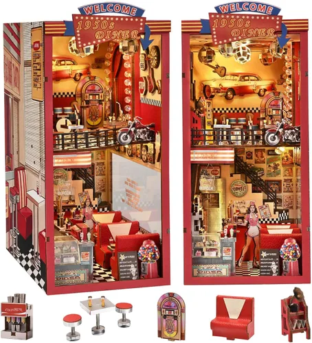 fifijoy Kit de rincón de libros - Kit de casa de muñecas en miniatura DIY para adultos y adolescentes, decoración retro de estantería de restaurante