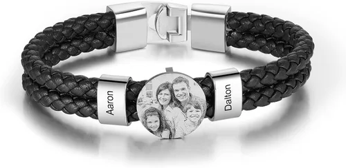 Pulsera de cuero personalizada para hombre, grabada con nombre, imagen, foto, cuerda trenzada para papá, marido, abuelo, novio