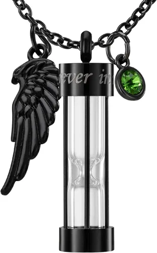 PREKIAR Collar de urna de cremación para cenizas en forma de reloj de arena con dije de recuerdo 12 piedras de nacimiento y un ala de ángel para
