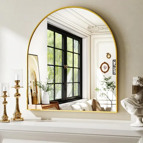 Miniatura 17 de XRAMFY Espejo de Pared Arqueado de 26" x 38" para Baño, Espejo de Tocador Dorado para Dormitorio, Sala de Estar, Entrada, Espejo Colgante Decorativo
