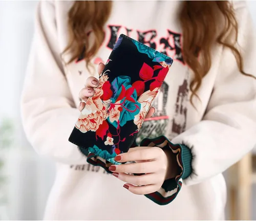 Miniatura 80 de HUA ANGEL Billetera para mujer, ultra delgada y delgada, con bloqueo RFID, tarjetero de crédito, doble embrague, carteras largas, regalo para A-ámbar