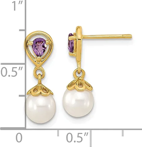 Miniatura 3 de Aretes colgantes de oro amarillo de 14 quilates de 0.276in, color blanco, perla cultivada en agua dulce, color morado, amatista, piedra natal