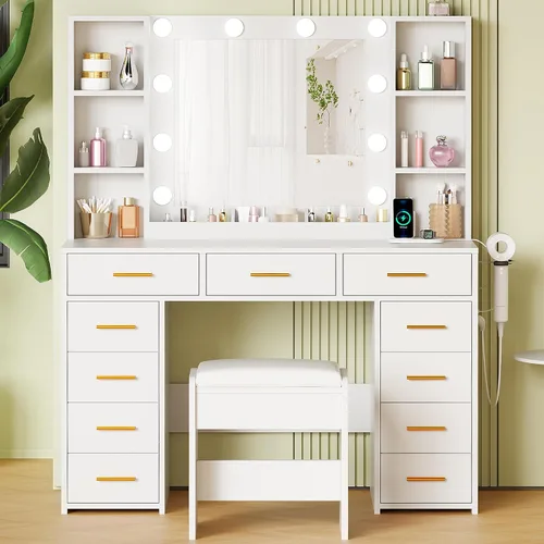 Miniatura 9 de Mesa de tocador de maquillaje ANWBROAD con espejo y luces, mesa de tocador blanca con toma de corriente, 11 cajones, 9 estantes, 3 modos