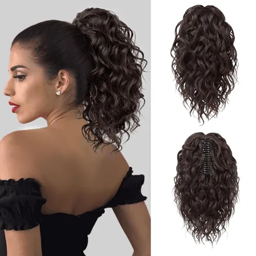 Miniatura 17 de Flufymooz Extensión de cola de caballo, extensión de cola de caballo corta de 12 pulgadas con pinza de garra, cabello ondulado rizado, clip