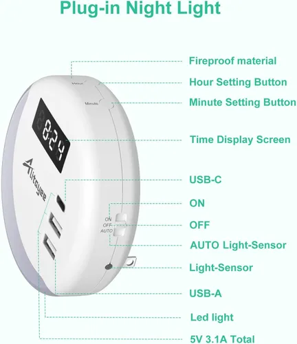 Miniatura 8 de Alitayee Luz nocturna LED, luces nocturnas enchufables a la pared, luz nocturna inteligente con sensor de luz nocturna con cargador USB C