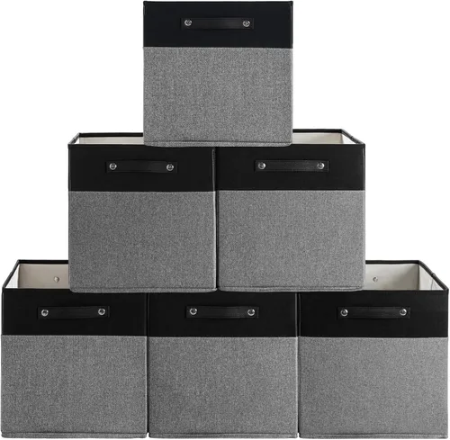 Miniatura 17 de FinishingBo Contenedores de almacenamiento de lino fino de 13 x 13 pulgadas con asas, cajas de cubo de tela, organizadores de cestas para estantes