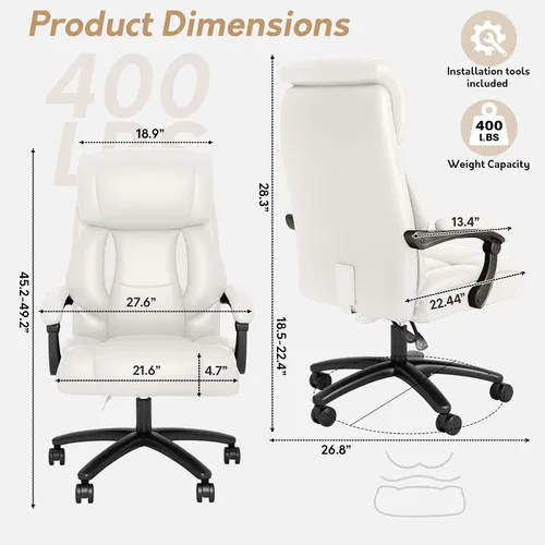 Miniatura 2 de Ollega - Silla de oficina ejecutiva reclinable grande y alta, 400 libras, cuero, color blanco Breathable waterproof desk chair for home office