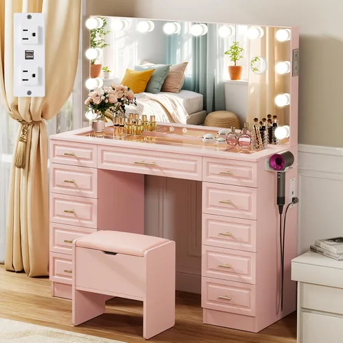 Miniatura 8 de VOWNER Tocador con espejo iluminado, escritorio de maquillaje con parte superior de cristal con altavoz Bluetooth, 14 luces y 11 cajones, 3 modos