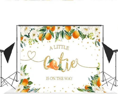 Miniatura 4 de Lofaris A Little Cutie is On The Way - Telón de fondo para baby shower, naranja cítrico, para revelación de género, vegetación, naranja, floral