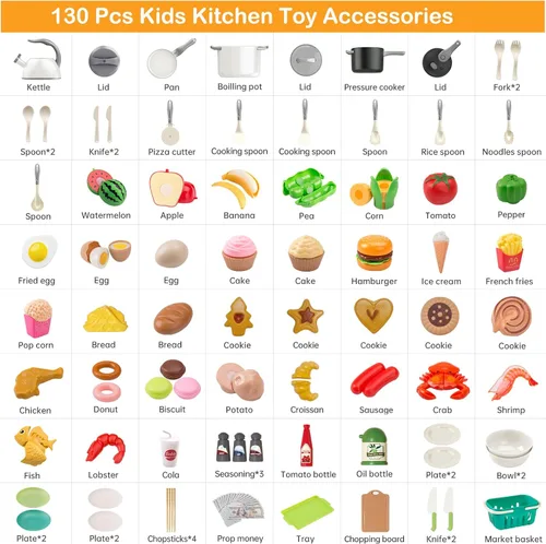 Miniatura 2 de Juego de cocina de 130 piezas, ollas de juego de cocina para niños, sartenes, utensilios de cocina, alimentos diarios, frutas y verduras, cesta