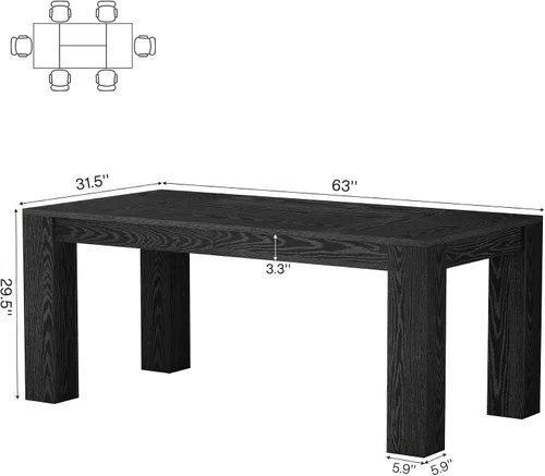 Miniatura 2 de Tribesigns Mesa de comedor de 63 pulgadas para 4 a 6, mesa rectangular de cocina, mesa de comedor de madera negra para cocina del hogar, comedor