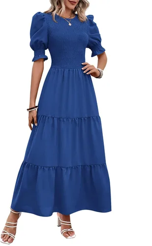 Miniatura 62 de BTFBM Vestidos para mujer, cuello redondo, casual, de verano, con volantes, manga corta, bohemio, con niveles, fruncido, largo, con estampado floral