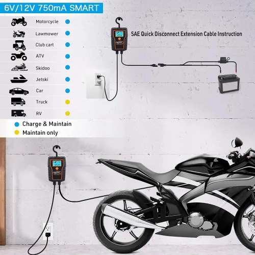 Miniatura 8 de Mantenedor de cargador de batería automótico de 12 voltios, 750 mA, cargador de flotador, con carga de flotador LCD, para motocicleta, ATV